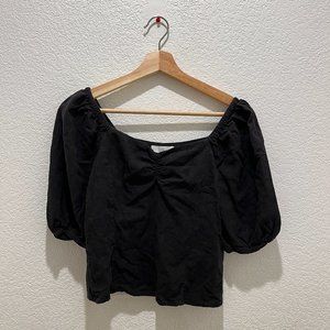 H&M Black Ruched Sweetheart Neckline Linen Blouse with Puff Sleeve